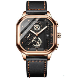 New Black Square Men&apos;s Watch Stainless Steel Multifunctional Sports Chronograph Quartz Watch Running Seconds Calendar - black,rose gold