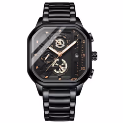 New Black Square Men&apos;s Watch Stainless Steel Multifunctional Sports Chronograph Quartz Watch Running Seconds Calendar - black
