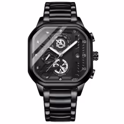 New Black Square Men&apos;s Watch Stainless Steel Multifunctional Sports Chronograph Quartz Watch Running Seconds Calendar - black