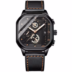 New Black Square Men&apos;s Watch Stainless Steel Multifunctional Sports Chronograph Quartz Watch Running Seconds Calendar -  ...