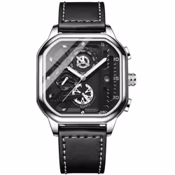 New Black Square Men&apos;s Watch Stainless Steel Multifunctional Sports Chronograph Quartz Watch Running Seconds Calendar -  ...
