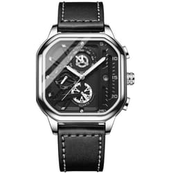 New Black Square Men&apos;s Watch Stainless Steel Multifunctional Sports Chronograph Quartz Watch Running Seconds Calendar - silver,white