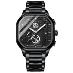New Black Square Men&apos;s Watch Stainless Steel Multifunctional Sports Chronograph Quartz Watch Running Seconds Calendar - silver,black