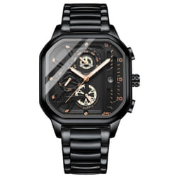 New Black Square Men&apos;s Watch Stainless Steel Multifunctional Sports Chronograph Quartz Watch Running Seconds Calendar - rose gold,black