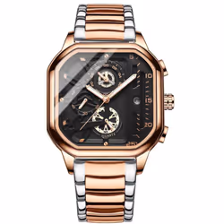 New Black Square Men&apos;s Watch Stainless Steel Multifunctional Sports Chronograph Quartz Watch Running Seconds Calendar - rose gold,black