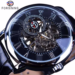 Forsining 3D Logo Design Hollow Engraving Black Gold Case Leather Skeleton Mechanical Watches Men Luxury Brand Heren Horloge ...