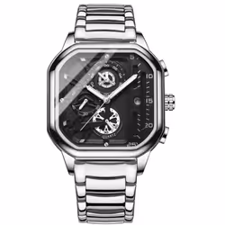 New Black Square Men&apos;s Watch Stainless Steel Multifunctional Sports Chronograph Quartz Watch Running Seconds Calendar -  ...