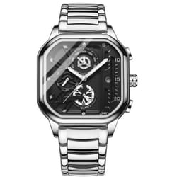New Black Square Men&apos;s Watch Stainless Steel Multifunctional Sports Chronograph Quartz Watch Running Seconds Calendar - silver