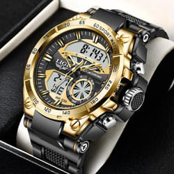 LIGE MenÃ¢s Watches Top Brand Big Sport Watch Luxury Men Military Silicone Quartz Wrist Watches Fashion Chronograph Male Clock - Gold