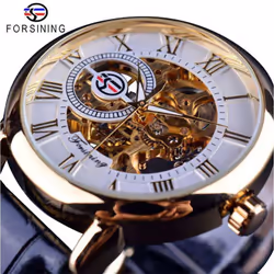 Forsining 3D Logo Design Hollow Engraving Black Gold Case Leather Skeleton Mechanical Watches Men Luxury Brand Heren Horloge ...