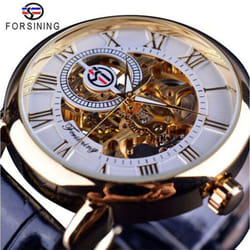 Forsining 3D Logo Design Hollow Engraving Black Gold Case Leather Skeleton Mechanical Watches Men Luxury Brand Heren Horloge - white,golden