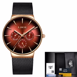 Lige Casual Mesh Belt Fashion Quartz Mens Watch - Gold Red