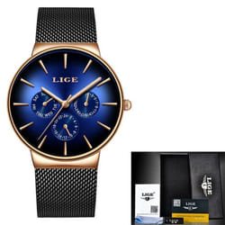 Lige Casual Mesh Belt Fashion Quartz Mens Watch - Gold Blue