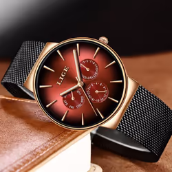 Lige Casual Mesh Belt Fashion Quartz Mens Watch - Gold Blue