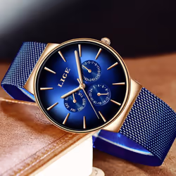Lige Casual Mesh Belt Fashion Quartz Mens Watch - Gold Blue