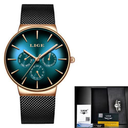 Lige Casual Mesh Belt Fashion Quartz Mens Watch - Gold Green