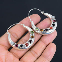 Half Moon Seven Chakra Gemstone Earrings | 925 Sterling Silver | Mediation Chakra Earrings | Handmade Silver Earrings For Women & Girls