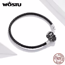 Wostu Black Cross Bracelet 925 Sterling Silver Basic Leather Chain Bracelets For Women Engagement Jewelry Gift - silver, 19