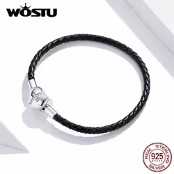 Wostu Black Cross Bracelet 925 Sterling Silver Basic Leather Chain Bracelets For Women Engagement Jewelry Gift - silver, 17