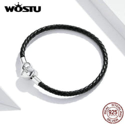 Wostu Black Cross Bracelet 925 Sterling Silver Basic Leather Chain Bracelets For Women Engagement Jewelry Gift - silver, 17
