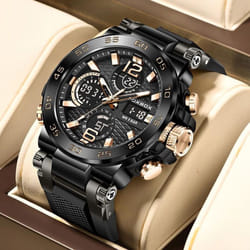 Lige New Fashion Men&apos;s Watch 50m Waterproof Luminous Sport Quartz Watch Automatic Date Timing Wristwatch - rose gold,black