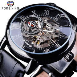 Forsining 3D Logo Design Hollow Engraving Black Gold Case Leather Skeleton Mechanical Watches Men Luxury Brand Heren Horloge - silver,black
