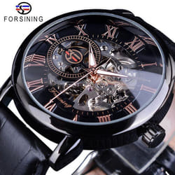 Forsining 3D Logo Design Hollow Engraving Black Gold Case Leather Skeleton Mechanical Watches Men Luxury Brand Heren Horloge - black