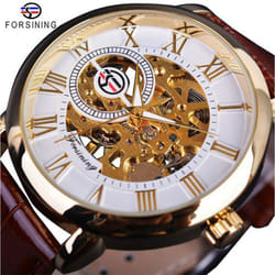 Forsining 3D Logo Design Hollow Engraving Black Gold Case Leather Skeleton Mechanical Watches Men Luxury Brand Heren Horloge - brown