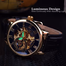 Forsining 3D Logo Design Hollow Engraving Black Gold Case Leather Skeleton Mechanical Watches Men Luxury Brand Heren Horloge - brown