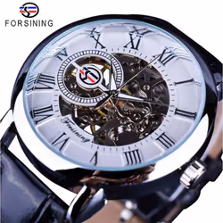 Forsining 3D Logo Design Hollow Engraving Black Gold Case Leather Skeleton Mechanical Watches Men Luxury Brand Heren Horloge ...