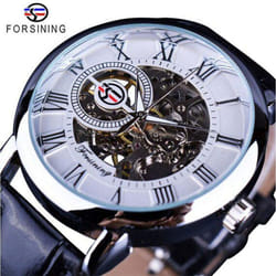 Forsining 3D Logo Design Hollow Engraving Black Gold Case Leather Skeleton Mechanical Watches Men Luxury Brand Heren Horloge - white