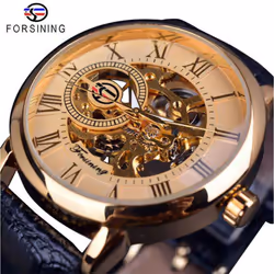 Forsining 3D Logo Design Hollow Engraving Black Gold Case Leather Skeleton Mechanical Watches Men Luxury Brand Heren Horloge ...