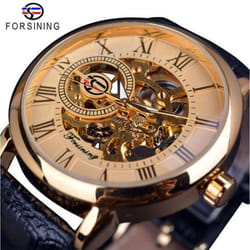 Forsining 3D Logo Design Hollow Engraving Black Gold Case Leather Skeleton Mechanical Watches Men Luxury Brand Heren Horloge - golden