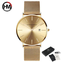 Hannah Martin Classic Bauhaus Design Men Watch Dark Blue Japan Quartz Waterproof Fashion Business Calendar Ultra Thin Watches - gold