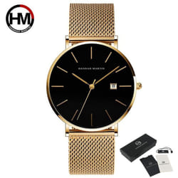 Hannah Martin Classic Bauhaus Design Men Watch Dark Blue Japan Quartz Waterproof Fashion Business Calendar Ultra Thin Watches - black,gold