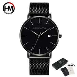 Hannah Martin Classic Bauhaus Design Men Watch Dark Blue Japan Quartz Waterproof Fashion Business Calendar Ultra Thin Watches - black