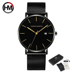 Hannah Martin Classic Bauhaus Design Men Watch Dark Blue Japan Quartz Waterproof Fashion Business Calendar Ultra Thin Watches - gold,black