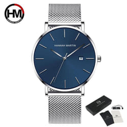 Hannah Martin Classic Bauhaus Design Men Watch Dark Blue Japan Quartz Waterproof Fashion Business Calendar Ultra Thin Watches - silver