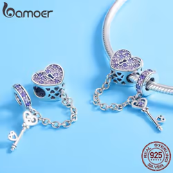 Bamoer 925 Sterling Silver Key Of Heart Lock Crystal Cz Chain Charms Fit Charm Bracelets