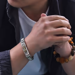 New Bracelet Men&apos;s Personality style Retro Creative Hand-woven Six-character Mantra Barrel Bead Chain for Boyfriend Gift - Silver, 26CM