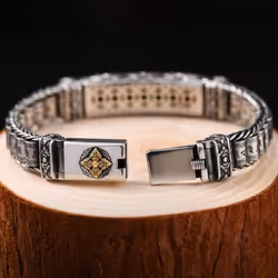 New Bracelet Men&apos;s Personality style Retro Creative Hand-woven Six-character Mantra Barrel Bead Chain for Boyfriend Gift - Silver, 26CM