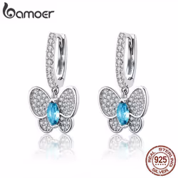 Bamoer Genuine 925 Sterling Silver Luminous Clear Cz Butterfly Crystal Drop Earrings