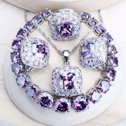 Wedding Silver Color Jewelry Set For Women Bridal Cubic Zircon Rings/bracelets/earrings/pendant Necklace Set - purple, 8