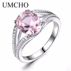 Umcho Solid 925 Sterling Silver Rings For Women Silver 925 Ring Pink Morganite Gemstone Ring - pink, 9