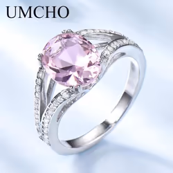Umcho Solid 925 Sterling Silver Rings For Women Silver 925 Ring Pink Morganite Gemstone Ring - pink, 9