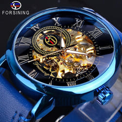 Forsining 3D Logo Design Hollow Engraving Black Gold Case Leather Skeleton Mechanical Watches Men Luxury Brand Heren Horloge - blue