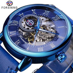 Forsining 3D Logo Design Hollow Engraving Black Gold Case Leather Skeleton Mechanical Watches Men Luxury Brand Heren Horloge - navy blue