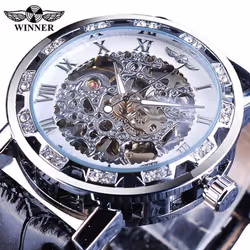 Winner Black Golden Retro Luminous Hands Fashion Diamond Display Mens Mechanical Skeleton Wrist Watches Top Brand Luxury Cloc ...