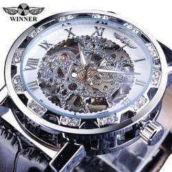 Winner Black Golden Retro Luminous Hands Fashion Diamond Display Mens Mechanical Skeleton Wrist Watches Top Brand Luxury Clock - ivory
