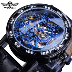 Winner Black Golden Retro Luminous Hands Fashion Diamond Display Mens Mechanical Skeleton Wrist Watches Top Brand Luxury Clock - blue